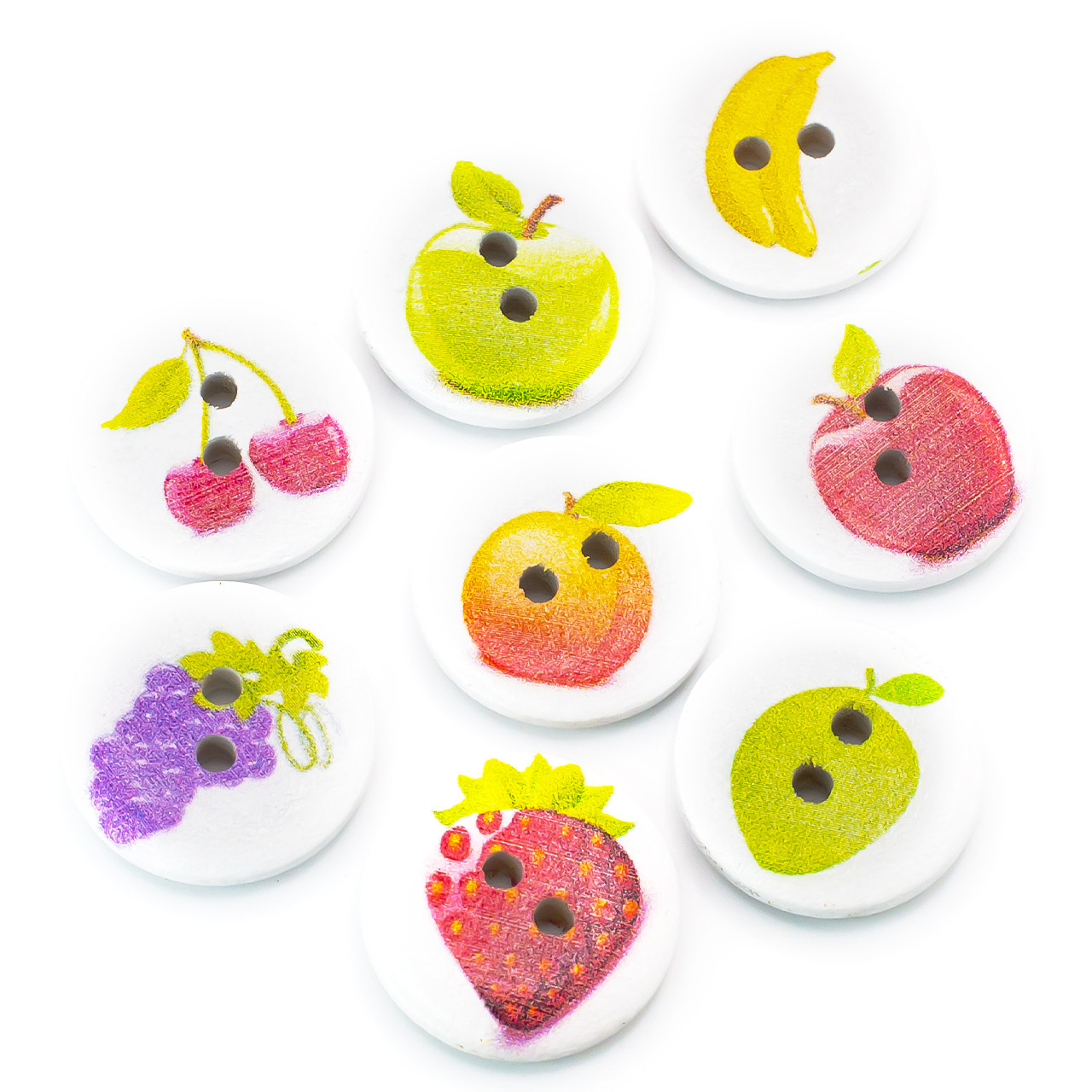 Ґудзики дерев'яні з принтом Ягоди-фрукти круглі 20 мм 15 шт. Різнокольоровий, фото 1