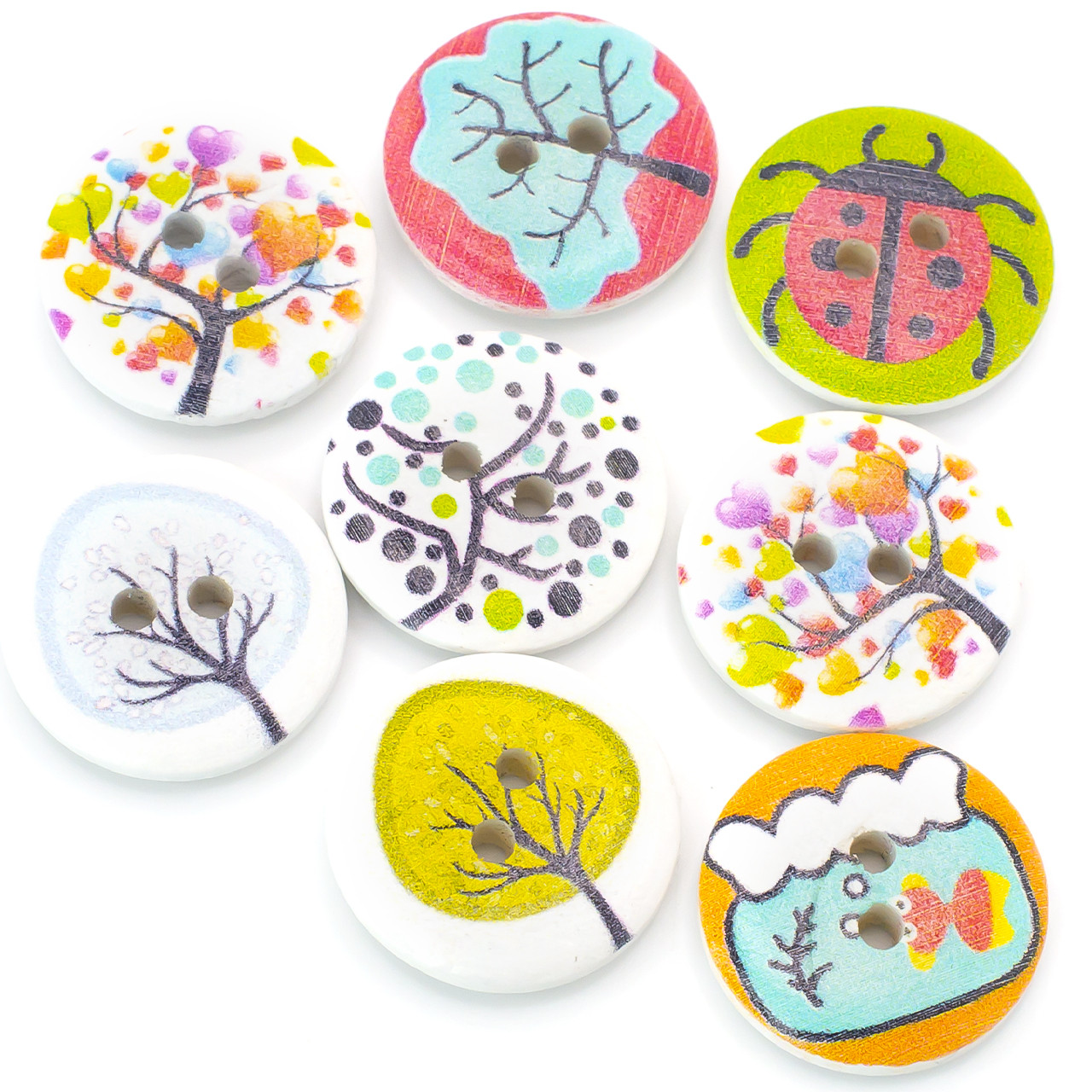 Ґудзики дерев'яні з принтом Природа круглі 20 мм 15 шт. Різнокольоровий, фото 1