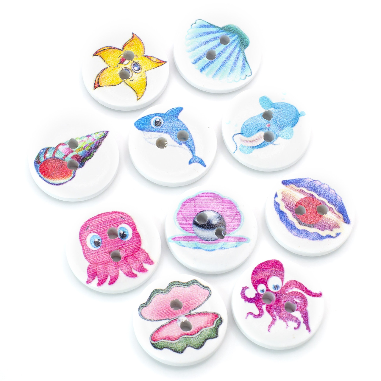 Ґудзики дерев'яні з принтом Морські мешканці круглі 20 мм 15 шт. Різнокольоровий, фото 1