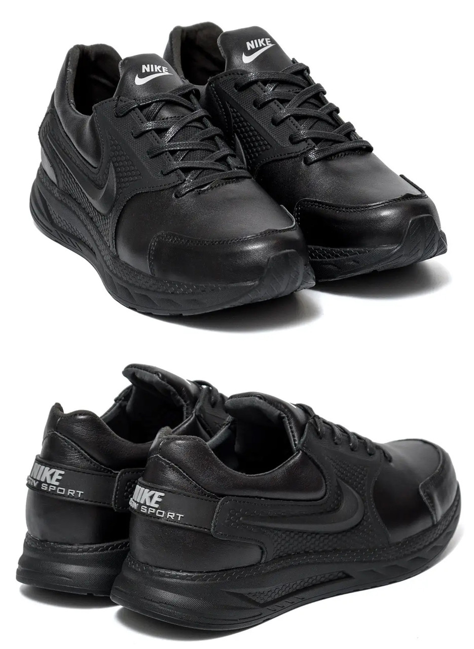Чоловічі шкіряні кросівки Nike (Найк) Black, шкіряні чоловічі туфлі, кеди чорні повсякденні. Чоловіче взуття, фото 1
