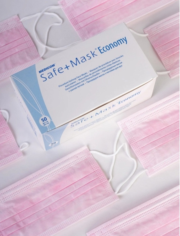 Маска медична Рожева тришарова на гумках SAFE MASK®  нестерильна 50шт, фото 1