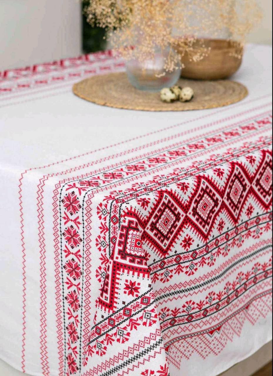 Скатертина святкова лляна/Скатертина біла з малюнком вишивка/Скатерти 120х150, фото 1