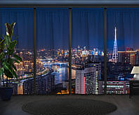 Шторы панельные с 3D принтом на тему: Вид из окна на город с небоскребами и реку