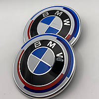 Значки BMW 82 мм и 74 мм. Эмблемы БМВ на капот и багажник 51148132375 Юбилей 50 лет performance M power 2 шт