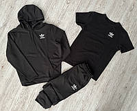Чоловічий комплект 3 в 1 демісезонний спортивний костюм Adidas чорний худі + чорні штани + футболка чорна