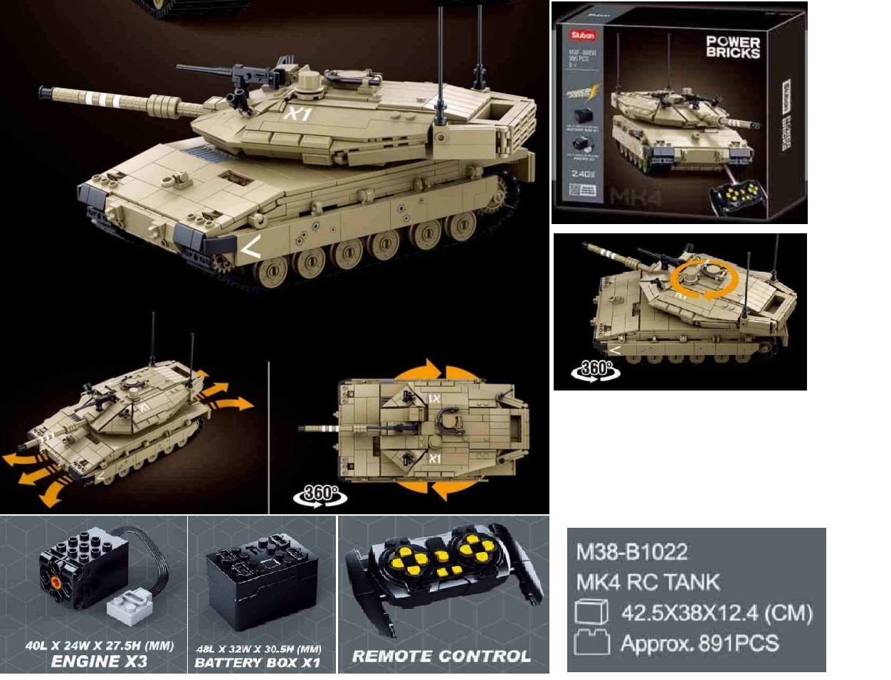 Конструктор SLUBAN M38-B1022 (4 шт.) танк, 937де, на радіокеруванні, 42,5-38-12,4 см
