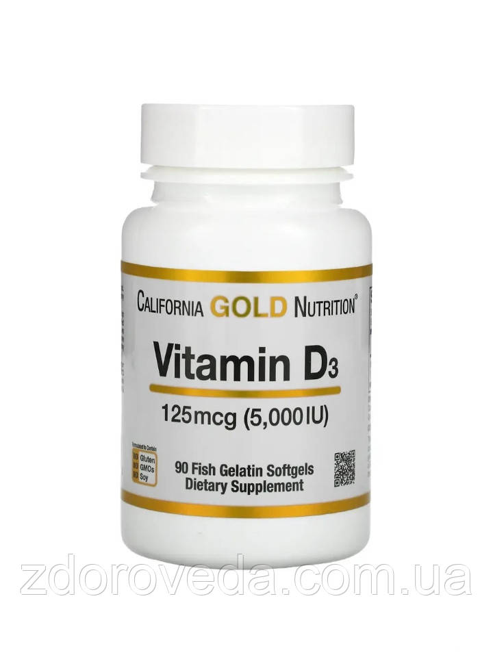 Вітамін D3, 125 мкг (5000 МО), California Gold Nutrition, 90 капсул, фото 1