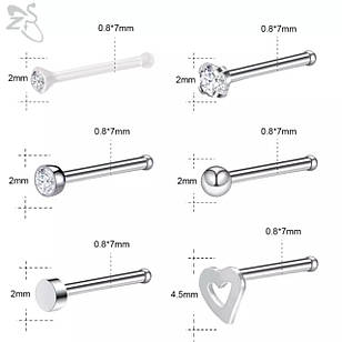 Пірсинг для носа набір 6 шт., форма пін, прямий нострил