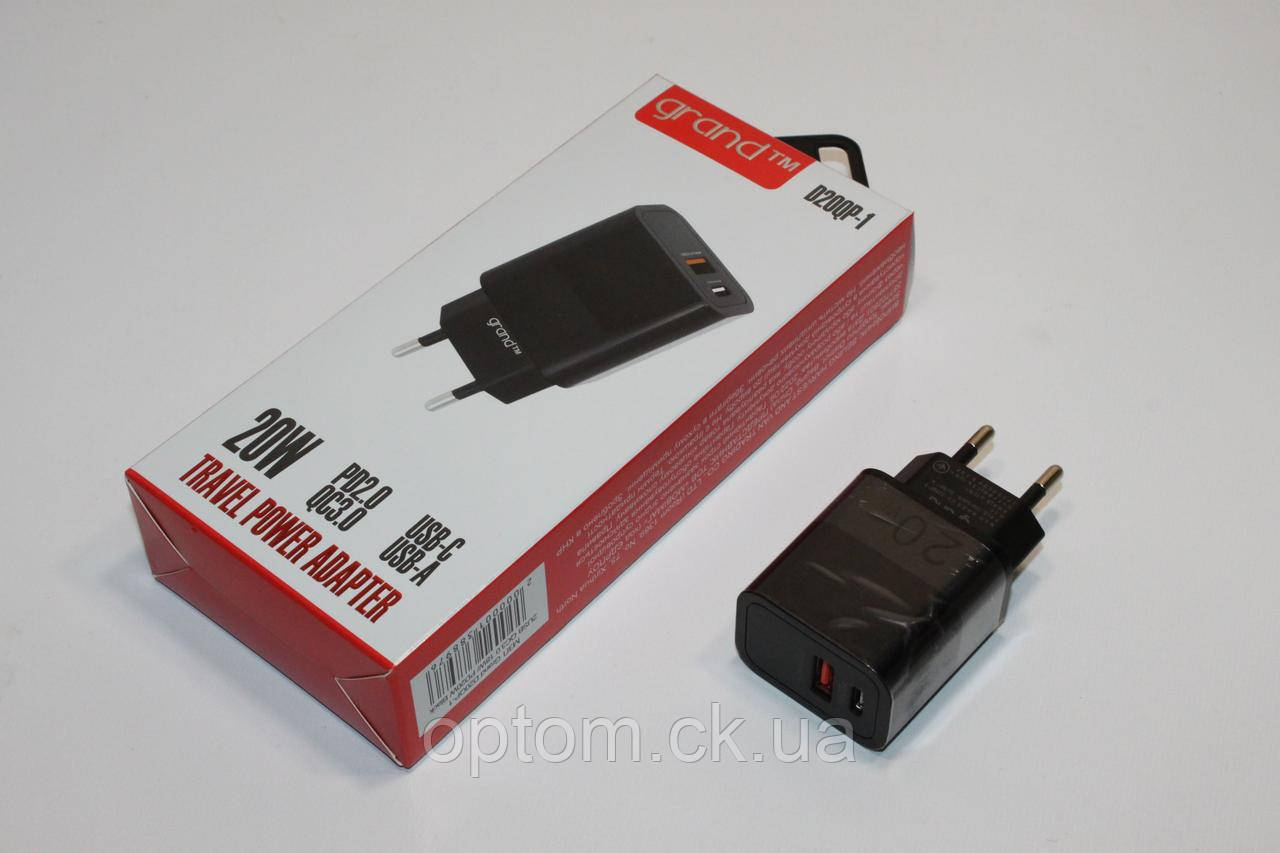 Зарядний пристрій GRAND D20QP-1 2 USB QC 3.0 18 W / PD20 W Black