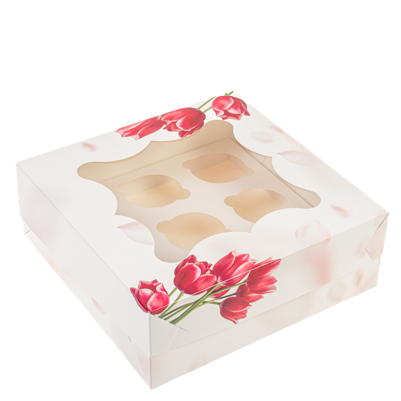 Коробка 260х260х90 (на 9 капкейків) з вікном "Тюльпани", фото 1