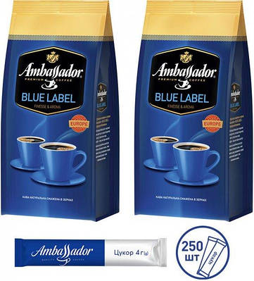 Набір Ambassador кава в зернах Blue Label 1 кг х 2 шт + Цукор у ПОДАРУНОК, 250 стіків