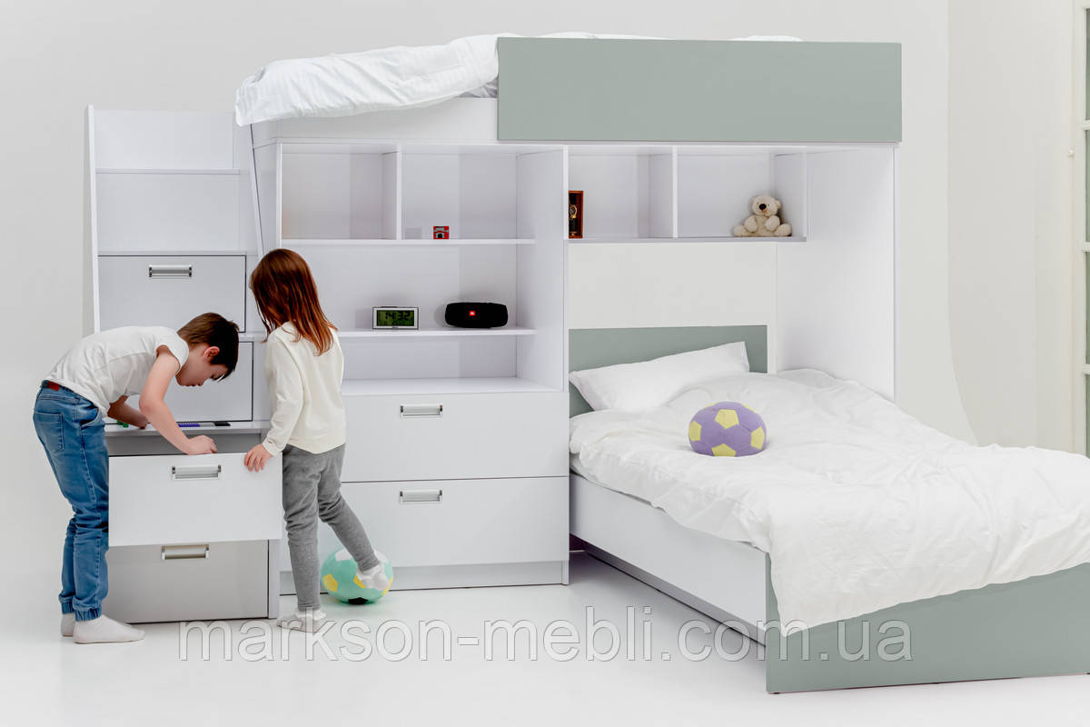 Ліжко двоярусне з комодом MS710 в пастельно-зеленому кольорі