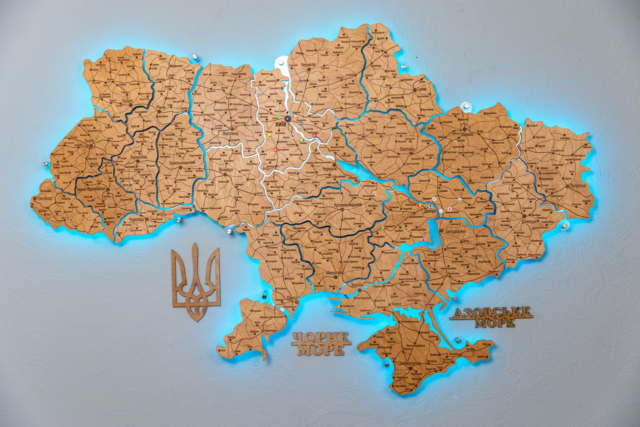 Деревянная карта Украины CraftBoxUA многослойная с подсветкой в серых ...