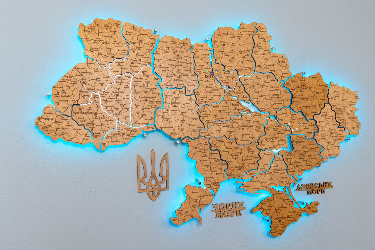 Дерев'яна мапа України CraftBoxUA багатошарова з підсвіткою на акрилі 138х92 см