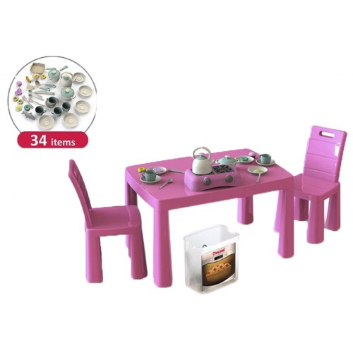 Комплект рожевих дитячих меблів з іграшковим кухонним набором посуду DOLONI 04670/3