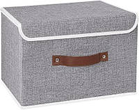 Ящик для хранения из льняной ткани, моющийся с крышками и кожаной ручкой, для домашнего шкафа, спальни, офиса
