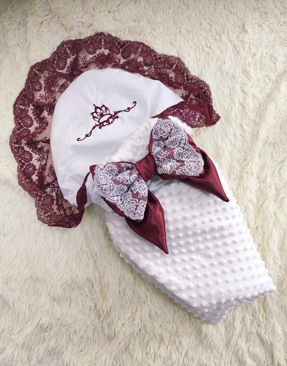 Демісезонний мереживний плюшевий конверт для новонароджених, бордо, фото 1
