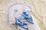 Демісезонний конверт + комбінезон на виписку, плюшевий з мереживом, блакитний, фото 3
