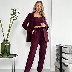 Жіночий класичний костюм-трійка - піджак, брюки і топ - марсала