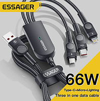 Usb-кабель Essager 66W 3 в 1, 6А, с выходом Lightning, USB Type-C, Micro-USB, идеально для машины, в офис