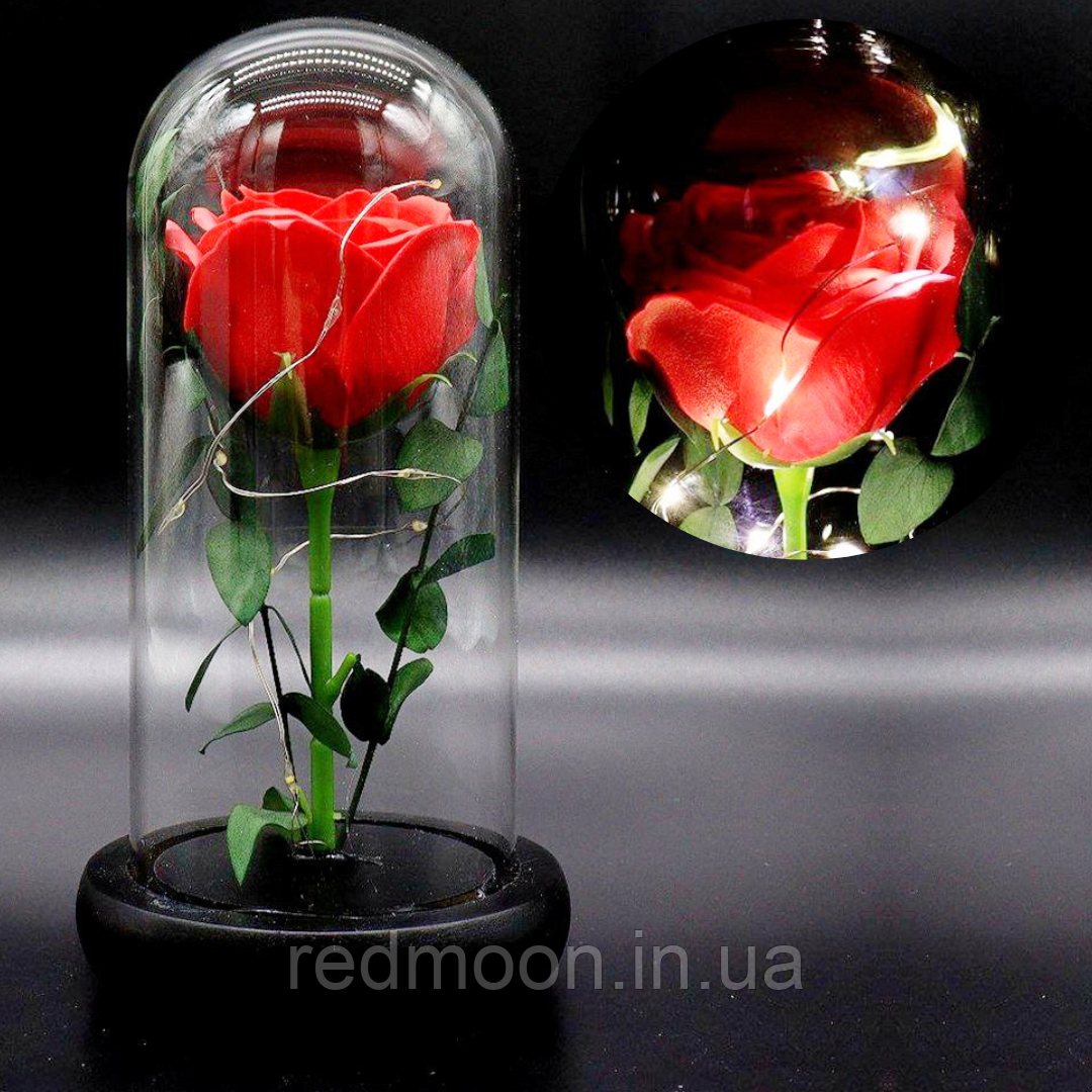 Вічна троянда в колбі 20 см, з LED підсвічуванням, Червона, №А51 Стабілізована троянда в скляній колбі