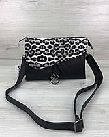 Женская черная сумка клатч из экокожи со вставкой Леопардовый принт «Этель» с длинным плечевым ремнем Welassie