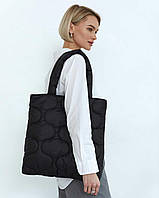 Нейлоновая женская сумка шоппер на плечо стеганная волна «Мила» черная Welassie