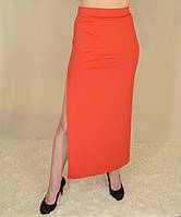 Женская трикотажная юбка в пол с разрезом справа по шву, однотонная. Красный 38