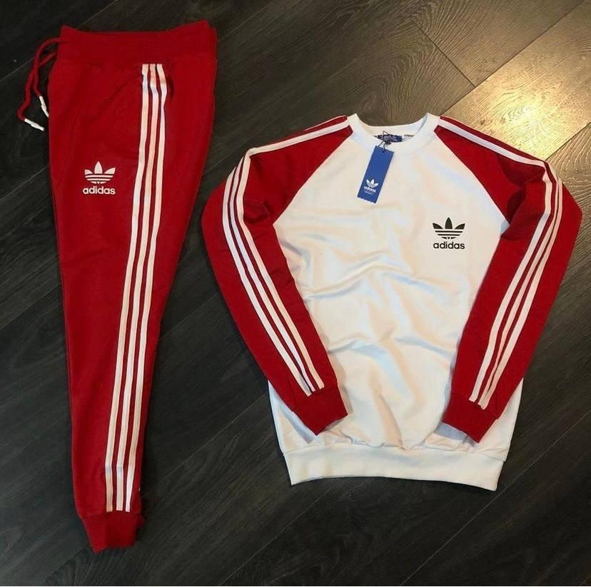 Чоловічий спортивний костюм Adidas червоний з білим без капюшона весняний ⁇ Комплект Адідас світшот і штани