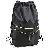 Рюкзак сумка-мішок для змінного взуття в школу тканинний на шнурках із кишенями чорний із салатовим Dolly 838
