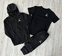 Чоловічий комплект 3 в 1 демісезонний спортивний костюм Jordan чорна кофта + чорні штани + чорна футболка
