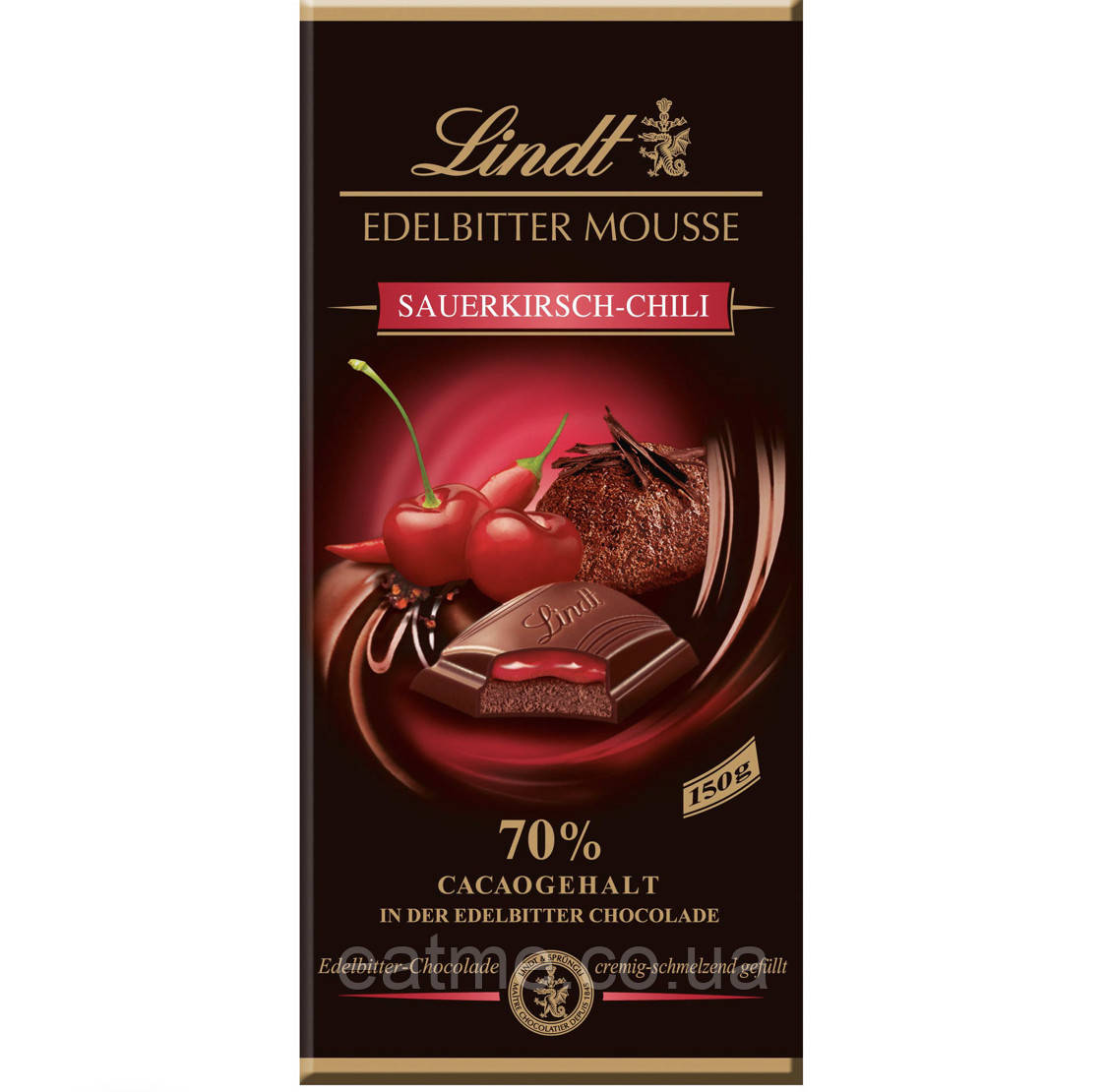 Lindt Чорний шоколад 70% какао з шоколалним мусом, вишнею в перцем Чилі 150g