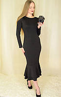 Платье-рыбка миди вечернее женское, ниже колена с длинными рукавами,обтягивающее,трикотажное. 40 Черный