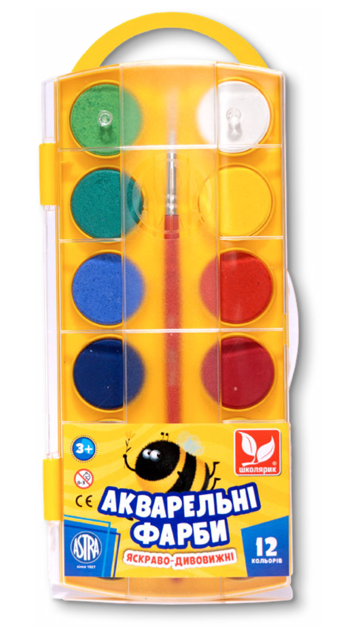 Фарби акварельні Школярик на 12 кольорів + пензлик (83216905-UA), фото 1