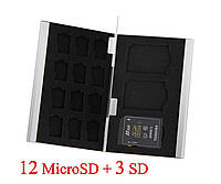 Алюминиевый кейс для 12 карт памяти MicroSD + 3 SD