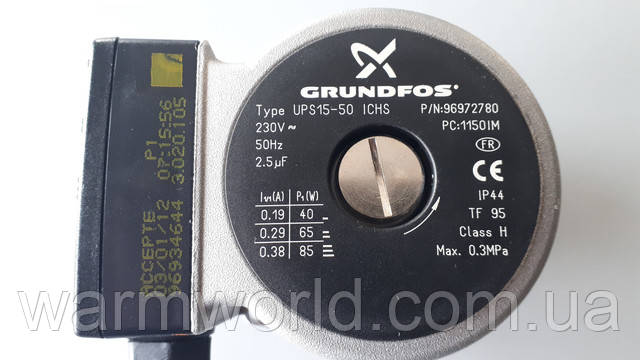 Type UPS15-50 ICHS P/N: 96972780 230V 50Hz 2.5mF IP44 TF 95 Class H Max 0.3Mpa I (A) P (W) 0.19 40 0.29 65 0.38 85 Type UPS15-50 ICHS P/N: 96972780 230V 50Hz 2.5mF IP44 TF 95 Class H Max 0.3Mpa I (A) P (W) 0.19 40 0.29 65 0.38 85