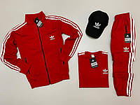 Мужской спортивный костюм Adidas набор 4в1 весенний осенний кофта штаны футболка кепка красный