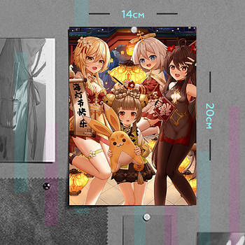 "Люмін, Паймон, Ху Тао і Яо Яо (Геншин / Genshin)" плакат (постер) розміром А5 (14х20см)