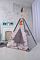 Палатка Вігвам Дитяча "Звірі", Повний комплект 110х110х180см, сіра - помаранчева, фото 2