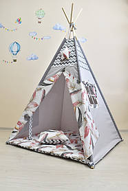 Палатка Вігвами дитячий з Великими пір'їнами, Індивідуальний набор, Підвіска та прапорці в подарунок