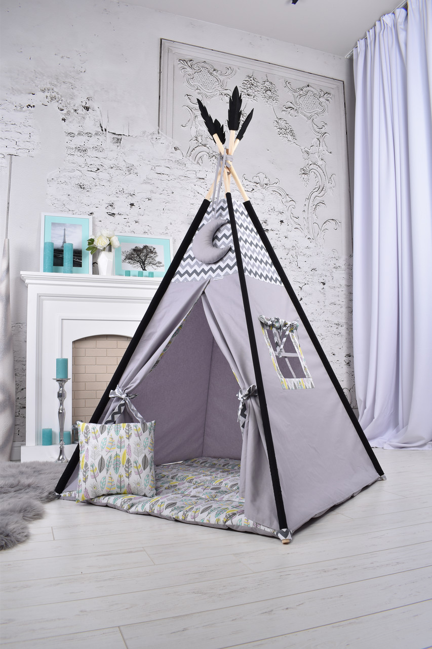 Палатка Вігвам для Дітей, з Пір'ям, Повний комплект, Подарунки - підвіска місяць та прапорці на палиці