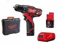 Мощный дрель-шуруповерт Milwaukee M12 BDD-202C: АКБ 12V, 2 Аh, 30 Нм, 2 аккума + зарядное + кейс