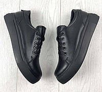 Женские черные кожаные кеды на шнуровке классика 37