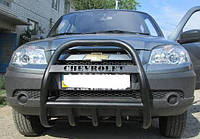 Защита на бампер Кенгурятник с надписью высокий крашенный в черном мате на Chevrolet Niva 2002+