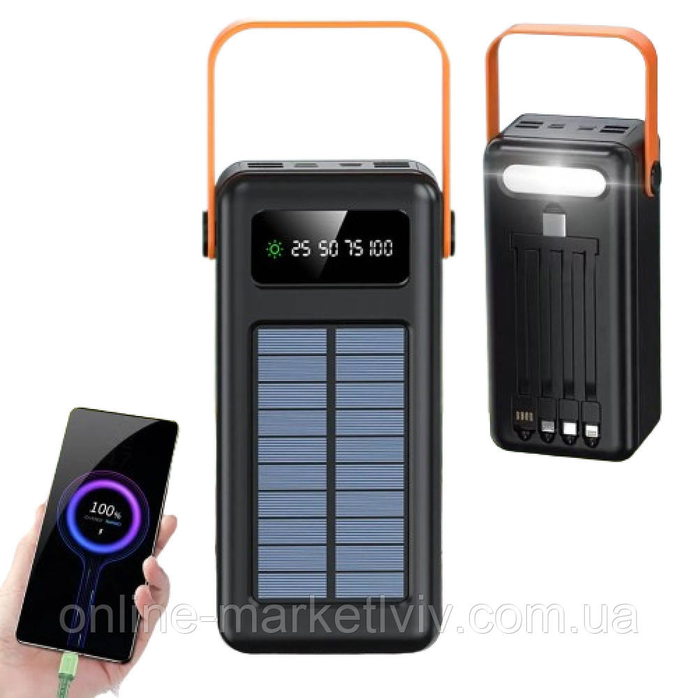 Power Bank на сонячній батареї 60000mAh, c USB, microUSB, lightning / LED портативне зарядне для телефону