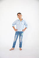 Дитяча бавовняна пляжна блакитна туніка для хлопчика з капюшоном та довгими рукавами
