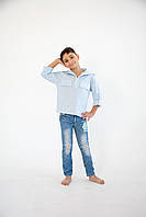 Детская хлопковая пляжная голубая туника для мальчика с капюшоном и длинными рукавами 122-128