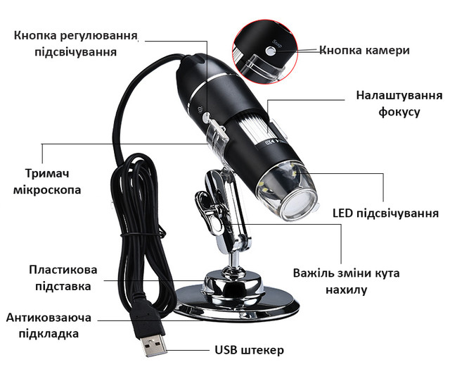 Електронний мікроскоп USB 1000Х на підставці