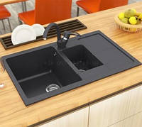 Мойка для кухни двухчашевая гранит с сифоном 77*49 см AquaComposit 24 Цвет 06 Серый Черный 08