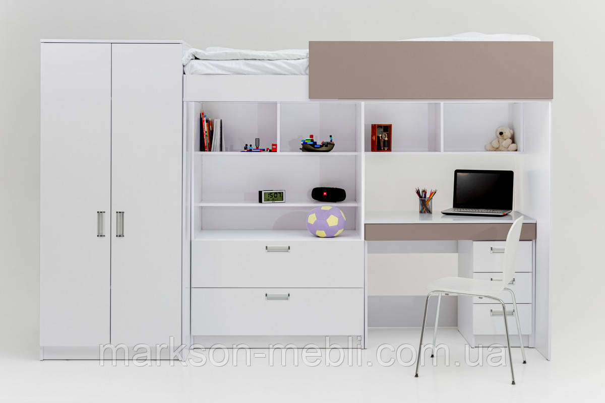 Ліжко двоярусне з письмовим столом, комодом та шафою для одягу MS715 у глиняно-сірому кольорі, фото 1